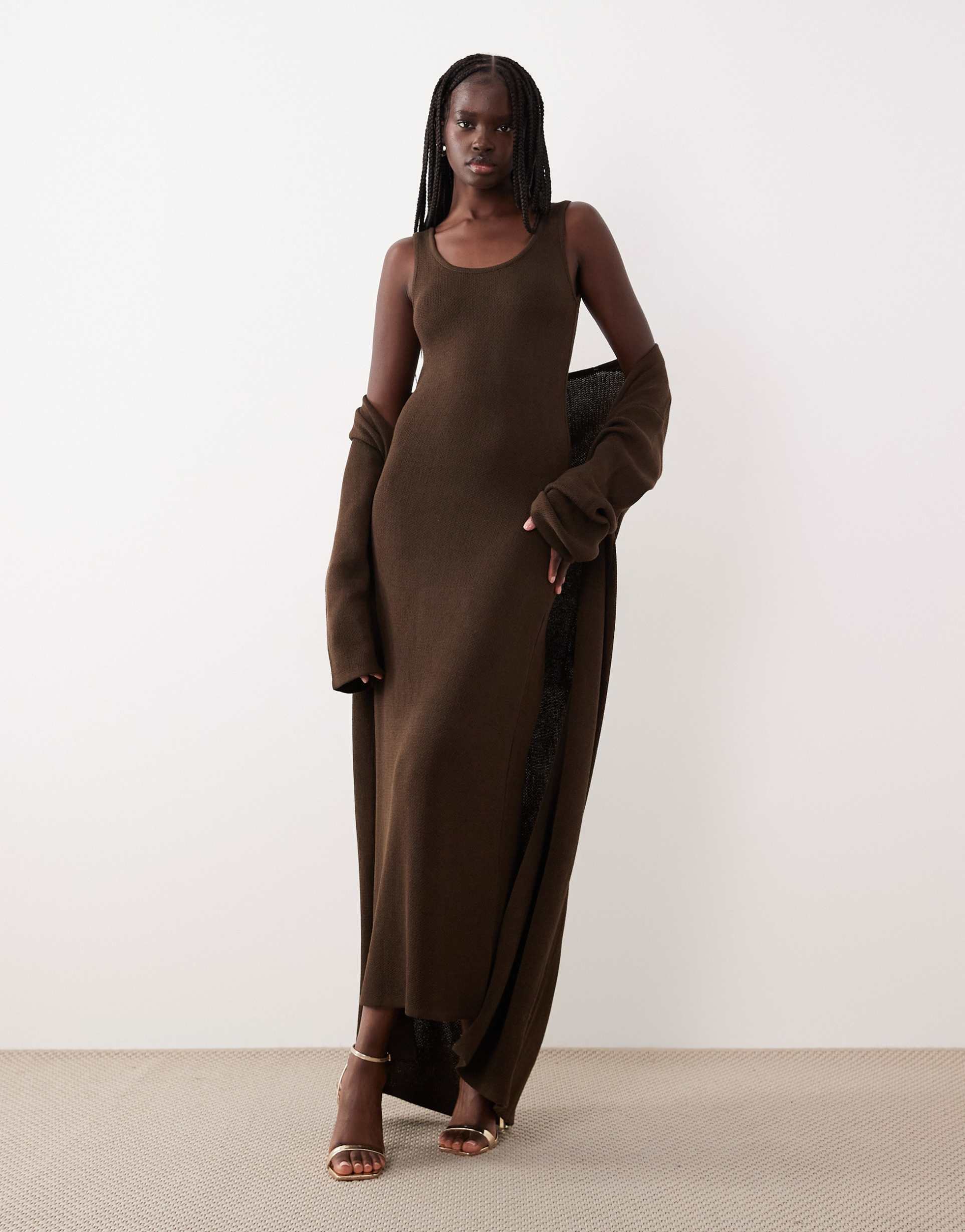 pretty lavish knit scoop neck maxi dress in brown - part of a set