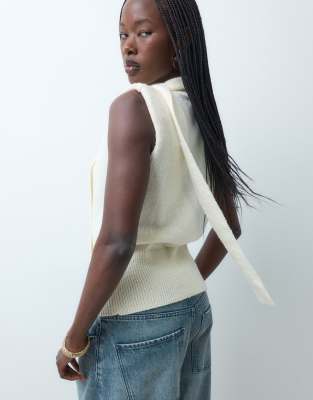Pretty Lavish Knit Sleeveless High Neck Scarf Top In White