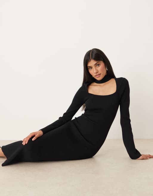 Pretty Lavish knit square neck choker detail midaxi dress in black