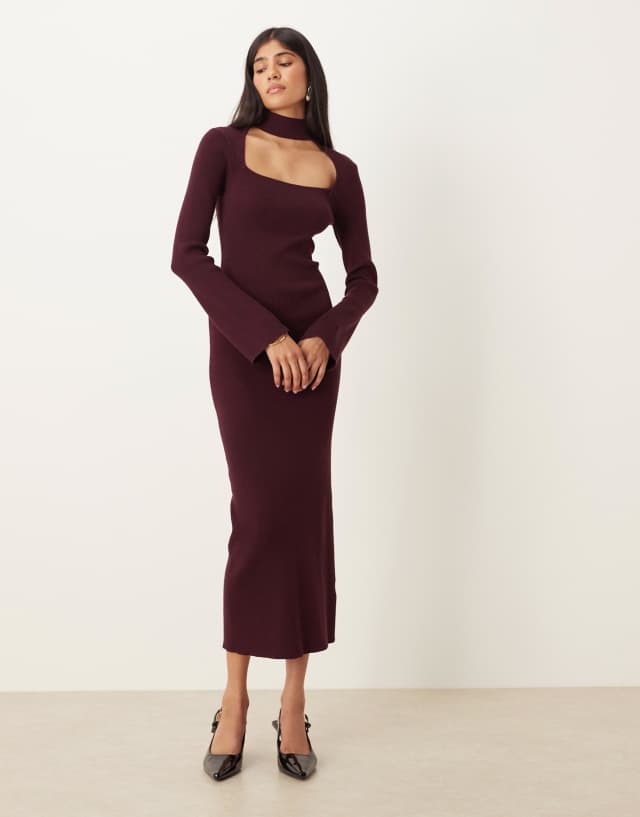 nakd burgundy dress Pretty Lavish knit square neck choker detail midaxi in Front high split member:49841615634600:9540 Women's Ankle Length Sequin Size:XLarge (114-124cm) / Regular