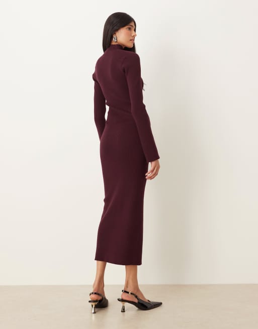 Pretty Lavish knit square neck choker detail midaxi dress in burgundy