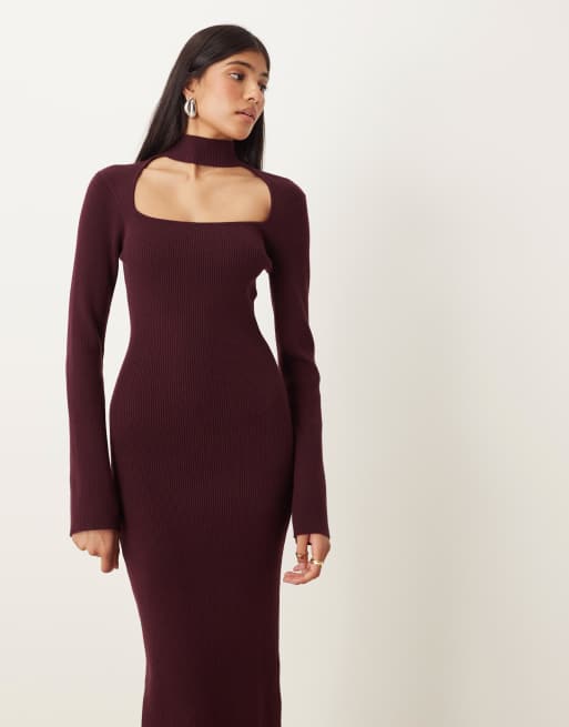 Pretty Lavish knit square neck choker detail midaxi dress in burgundy, 4 of 4