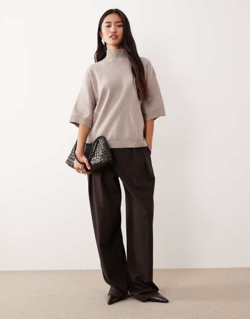 Pretty Lavish knit turtle neck cropped sleeves sweater in beige, 2 of 4