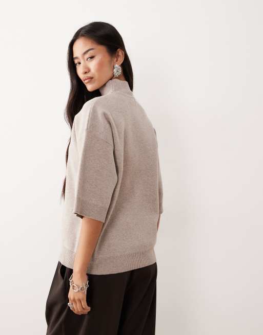 Pretty Lavish knit turtle neck cropped sleeves sweater in beige, 4 of 4