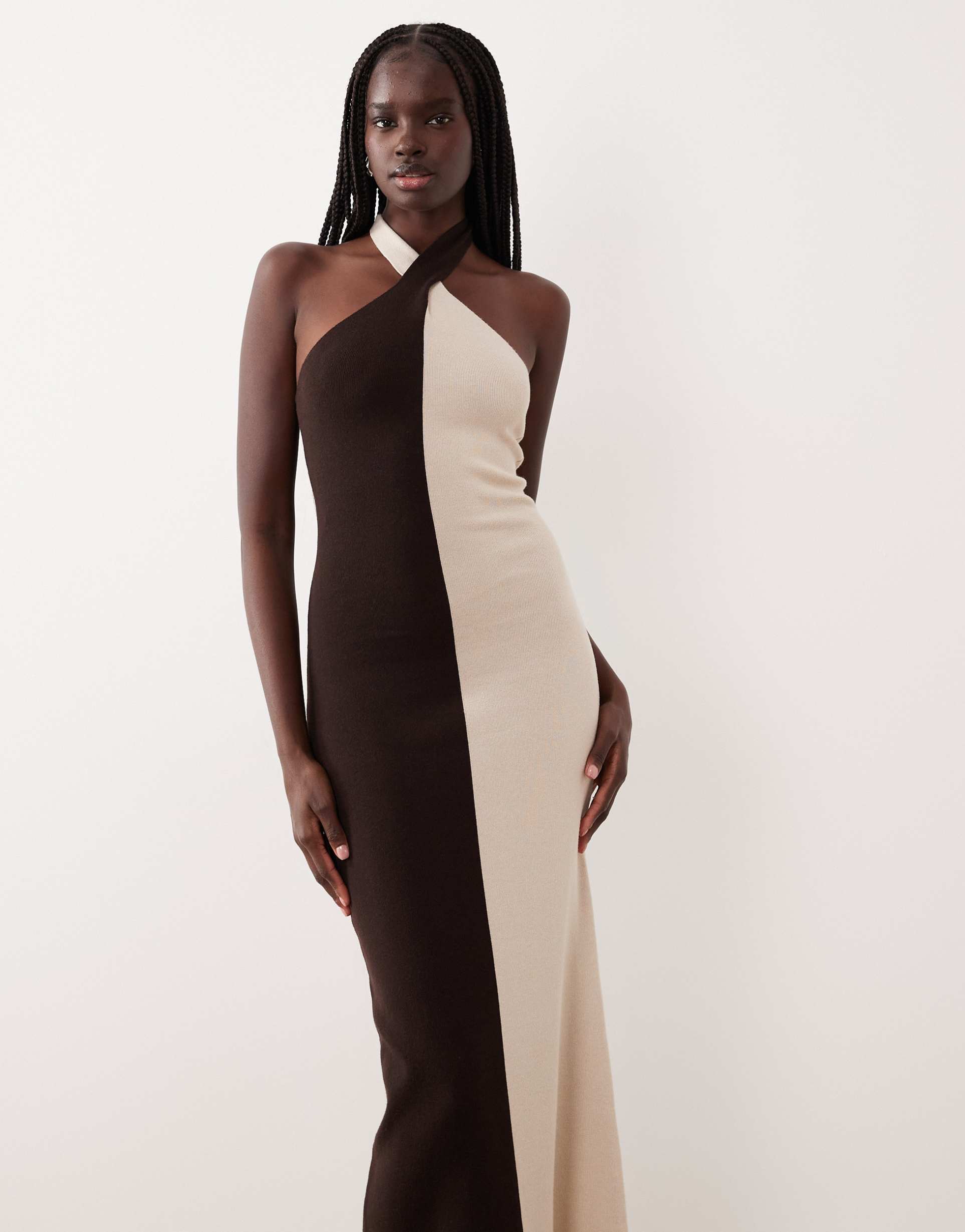 pretty lavish knit twist halterneck color block maxi dress in beige and brown
