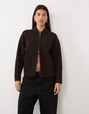 Pretty Lavish Knit Zip Down Bomber Jacket In Brown