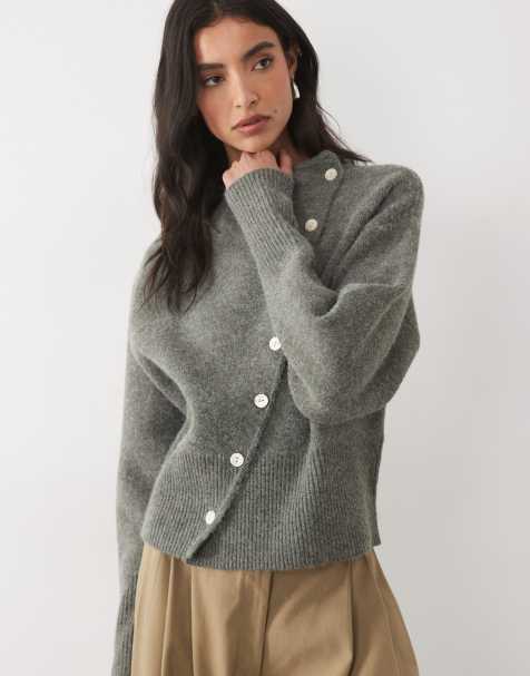 Pretty Lavish knitted asymmetric buttoned cardigan in gray - view 1