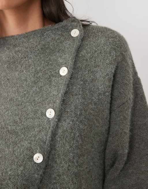 Pretty Lavish knitted asymmetric buttoned cardigan in gray, 3 of 4
