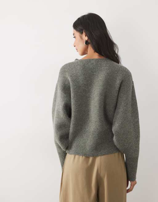 Pretty Lavish knitted asymmetric buttoned cardigan in grey, 4 of 4
