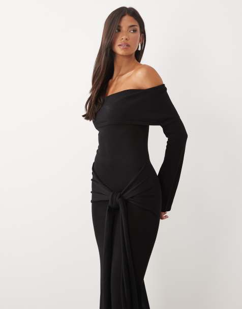 Pretty Lavish knitted bardot tie detail maxi dress in black - view 1