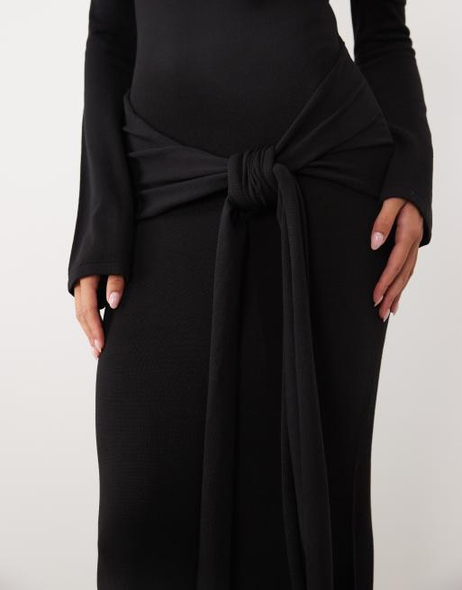 Pretty Lavish knitted bardot tie detail maxi dress in black, 3 of 4