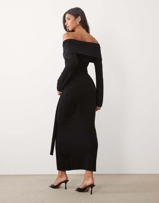 Pretty Lavish knitted bardot tie detail maxi dress in black, 4 of 4