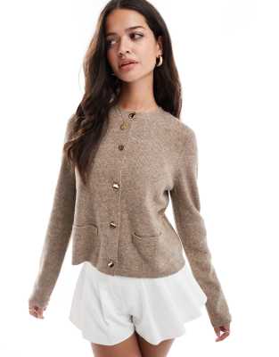 knitted button detail cardigan in brown heather