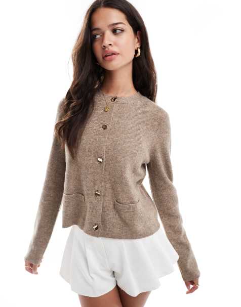 Pretty Lavish knitted button detail cardigan in brown marl - view 1