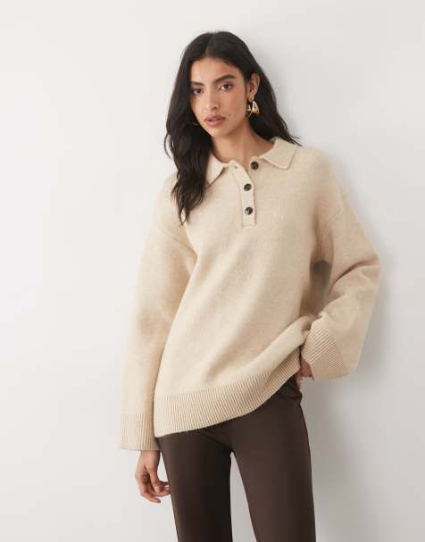 Pretty Lavish knitted button detail polo jumper in cream - view 1