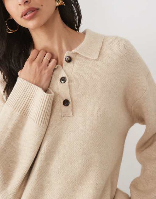 Pretty Lavish knitted button detail polo jumper in cream, 3 of 4
