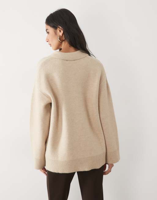 Pretty Lavish knitted button detail polo jumper in cream, 4 of 4