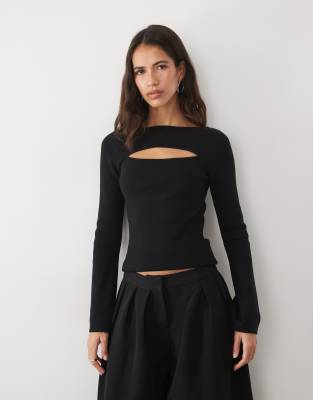 Pretty Lavish Knitted Cut Out Long Sleeve Top In Black