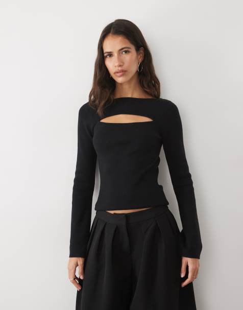 Pretty Lavish knitted cut out long sleeve top in black - view 1