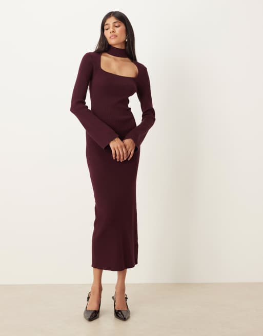 Pretty Lavish knitted cut-out neck long sleeve midaxi dress in wine