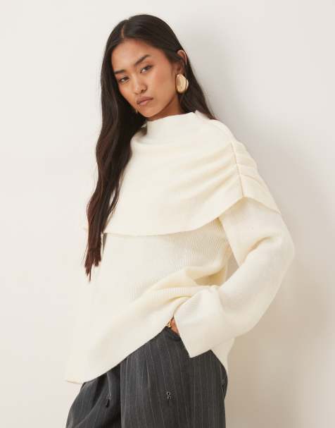 Pretty Lavish knitted exaggerated collar relaxed jumper in cream - view 1