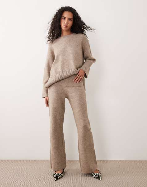 Pretty Lavish knitted fold over wide leg jogger co-ord in taupe - view 1