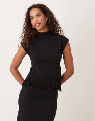 Pretty Lavish Knitted Fringe Hem High Neck Cap Sleeve Top Co-ord In Black