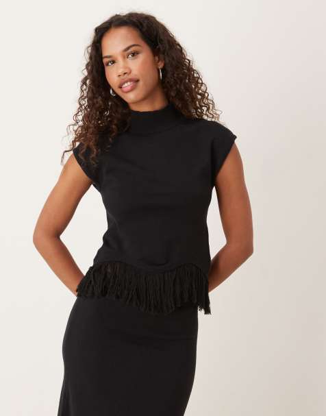 Pretty Lavish knitted fringe hem high neck cap sleeve top in black (part of a set) - view 1