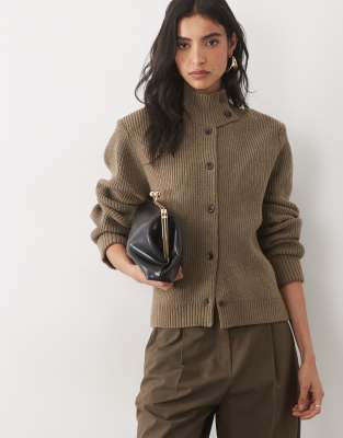 Pretty Lavish Knitted Funnel Neck Button Down Jacket In Green