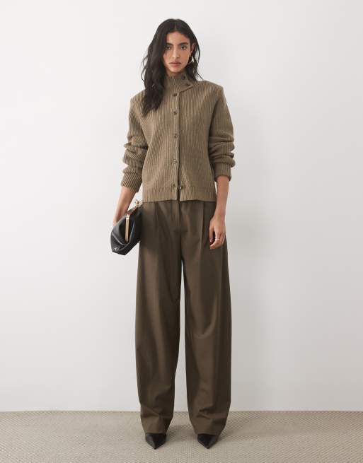 Pretty Lavish knitted funnel neck button down jacket in mocha, 2 of 4