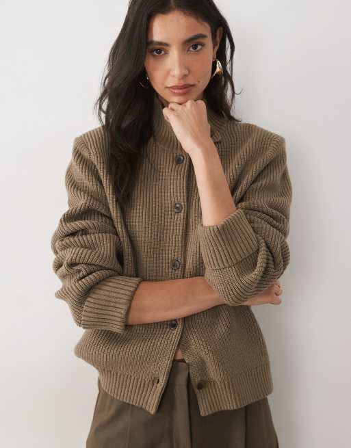 Pretty Lavish knitted funnel neck button down jacket in mocha, 3 of 4