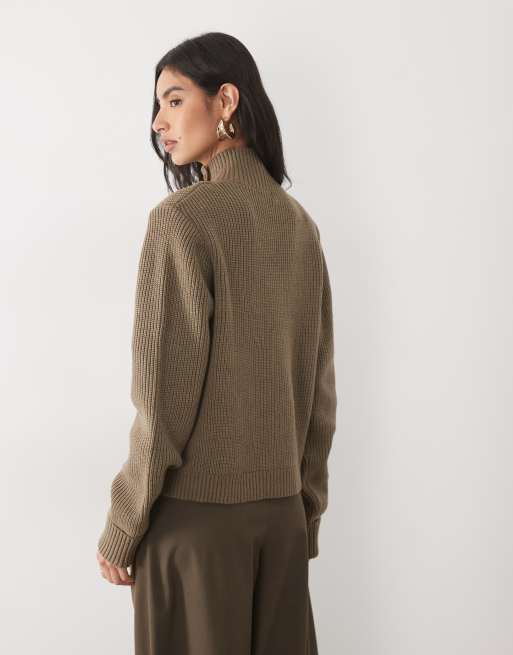 Pretty Lavish knitted funnel neck button down jacket in mocha, 4 of 4