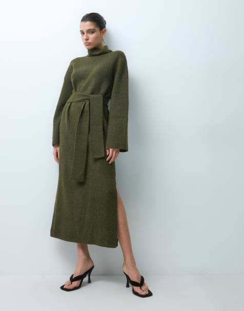 Pretty Lavish knitted high neck belted midi dress in olive