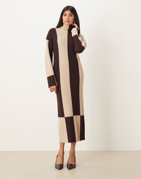 Pretty Lavish knitted high neck midaxi jumper dress in beige and brown spliced stripe - view 1