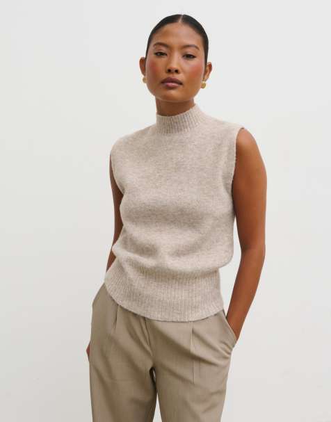 Pretty Lavish knitted high neck sleeveless jumper in stone