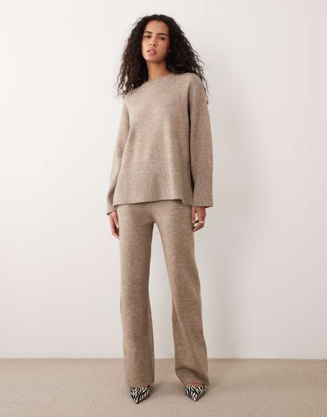 Pretty Lavish knitted rib detail jumper and fold over wide leg jogger co-ord in taupe - view 1