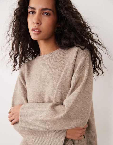 Pretty Lavish knitted rib detail jumper co-ord in taupe - view 1
