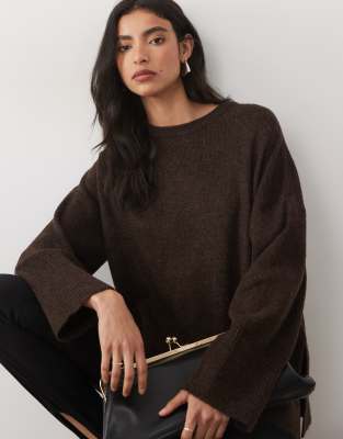 Pretty Lavish Knitted Rib Detail Sweater Set In Brown