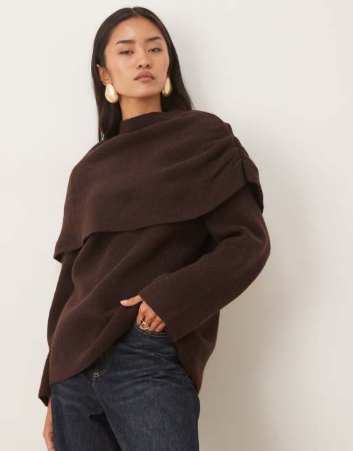 Pretty Lavish knitted ruched shoulder cape detail jumper in chocolate brown