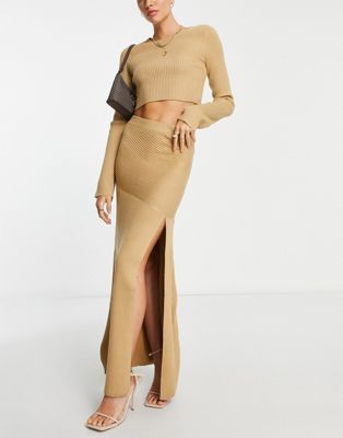 Pretty Lavish knitted thigh split midaxi skirt co-ord in camel