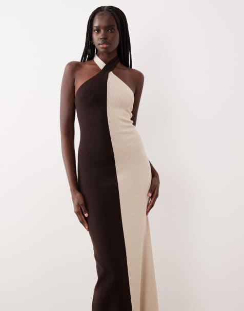 Pretty Lavish knitted twist halter neck colourblock maxi dress in beige and brown - MULTI - view 1