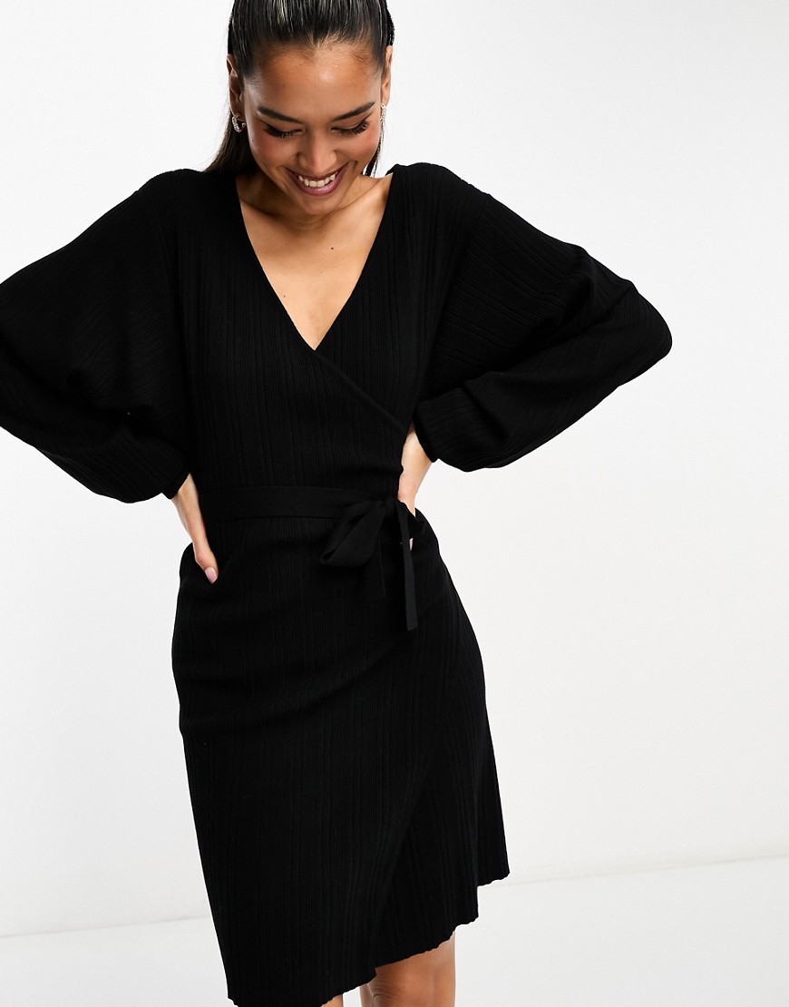 Pretty Lavish knitted wrap mini dress in black