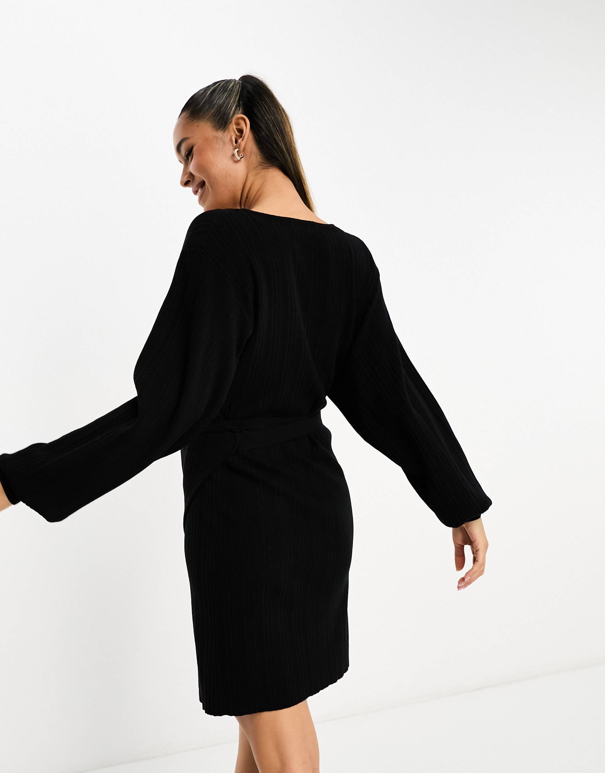 pretty lavish knitted wrap mini dress in black