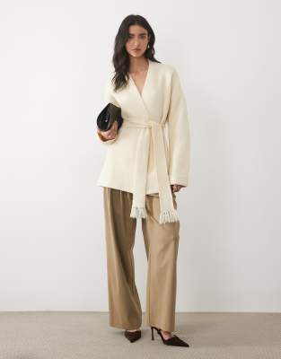 Pretty Lavish Knitted Wrap Tie Detail Cardigan In Neutral