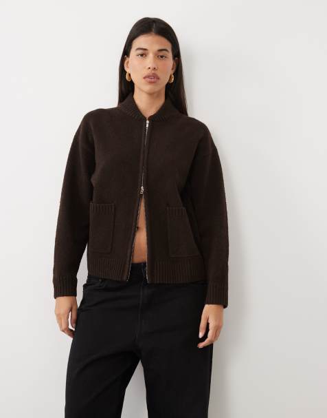 Pretty Lavish knitted zip down bomber in chocolate - view 1