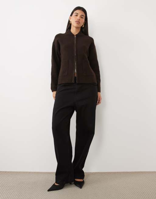 Pretty Lavish knitted zip down bomber in chocolate, 4 of 4