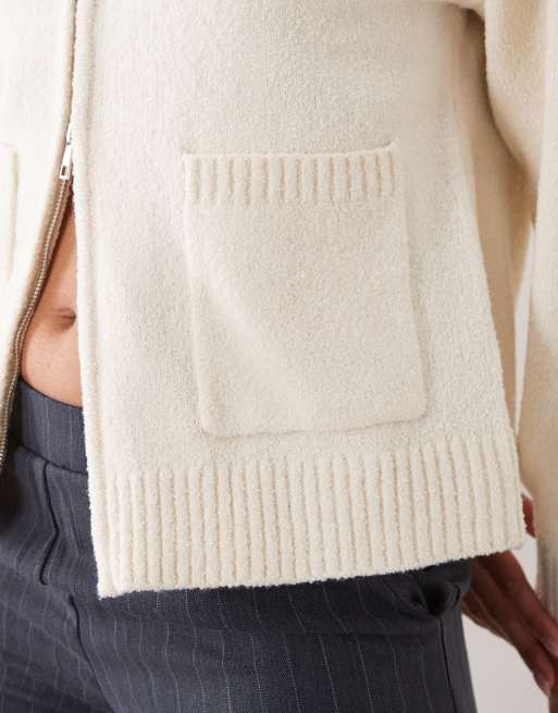 Pretty Lavish knitted zip through bomber with ribbed collar detail in cream, 2 of 4