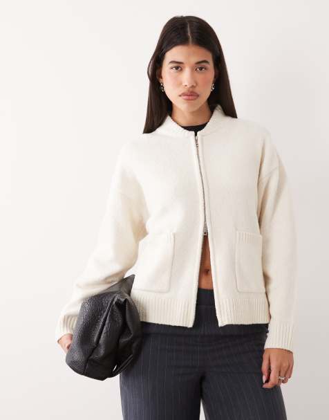 Pretty Lavish knitted zip through cardigan with ribbed collar detail in cream - view 1