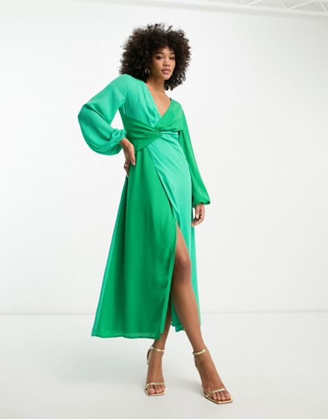 Flounce London satin long sleeve wrap maxi dress in emerald velvet