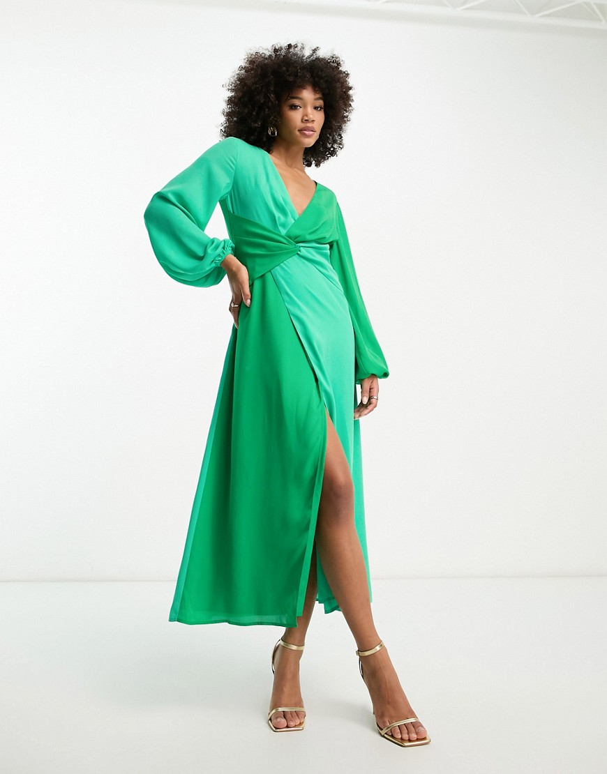 knot front contrast maxi dress in green